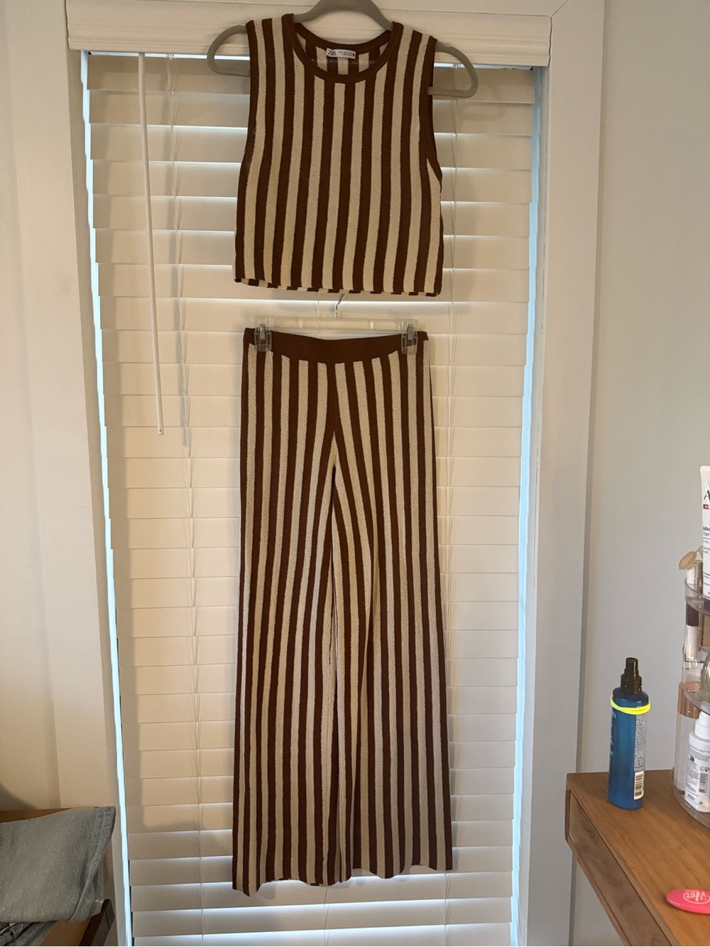 Zara Brown and Cream Striped Knit Crop Tank & Wide-Leg Pants Set
